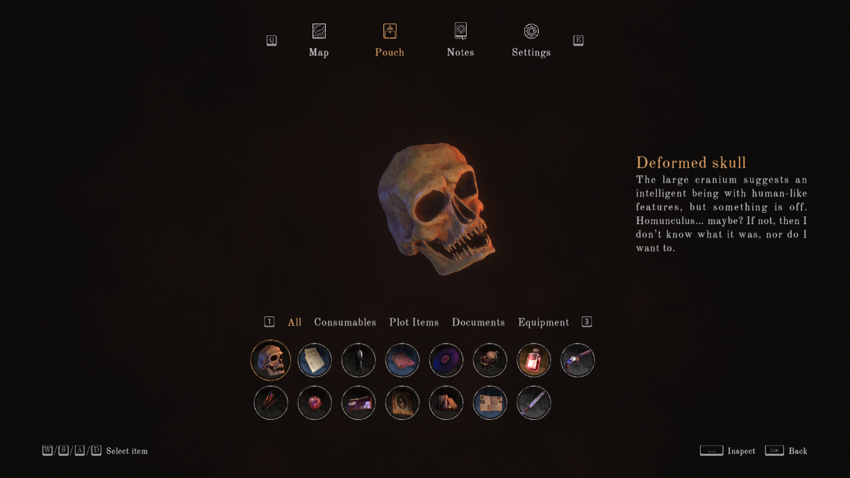 The inventory screen open, showing item grid, filters, 3D model viewer, and description panel