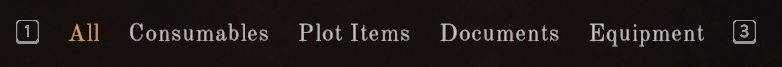 The filter bar showing All, Consumables, Plot Items, Documents, and Equipment categories