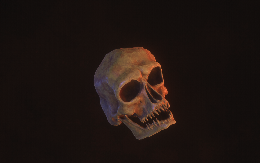 A 3D model of a deformed skull item, rotatable for inspection