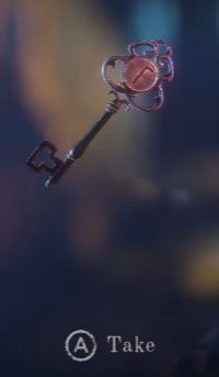 A key glowing with an obtain prompt in the game world