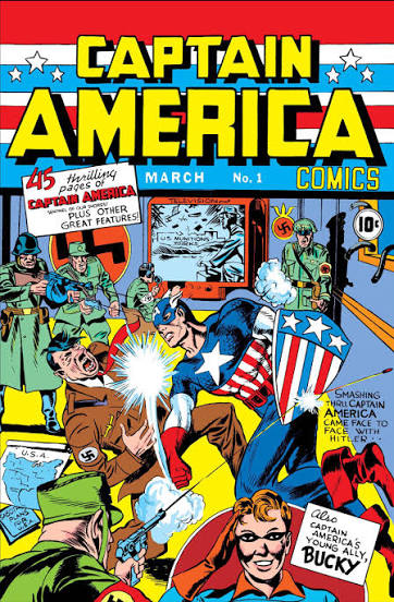 Cover of Captain America Comics #1, March 1941, showing Captain America punching Adolf Hitler