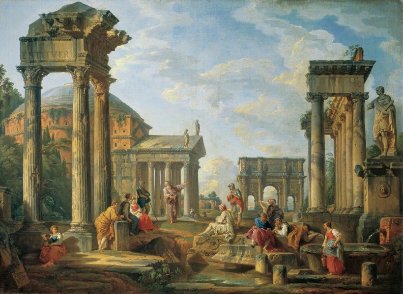 A classical painting depicting Roman ruins with columns, arches, and figures among them