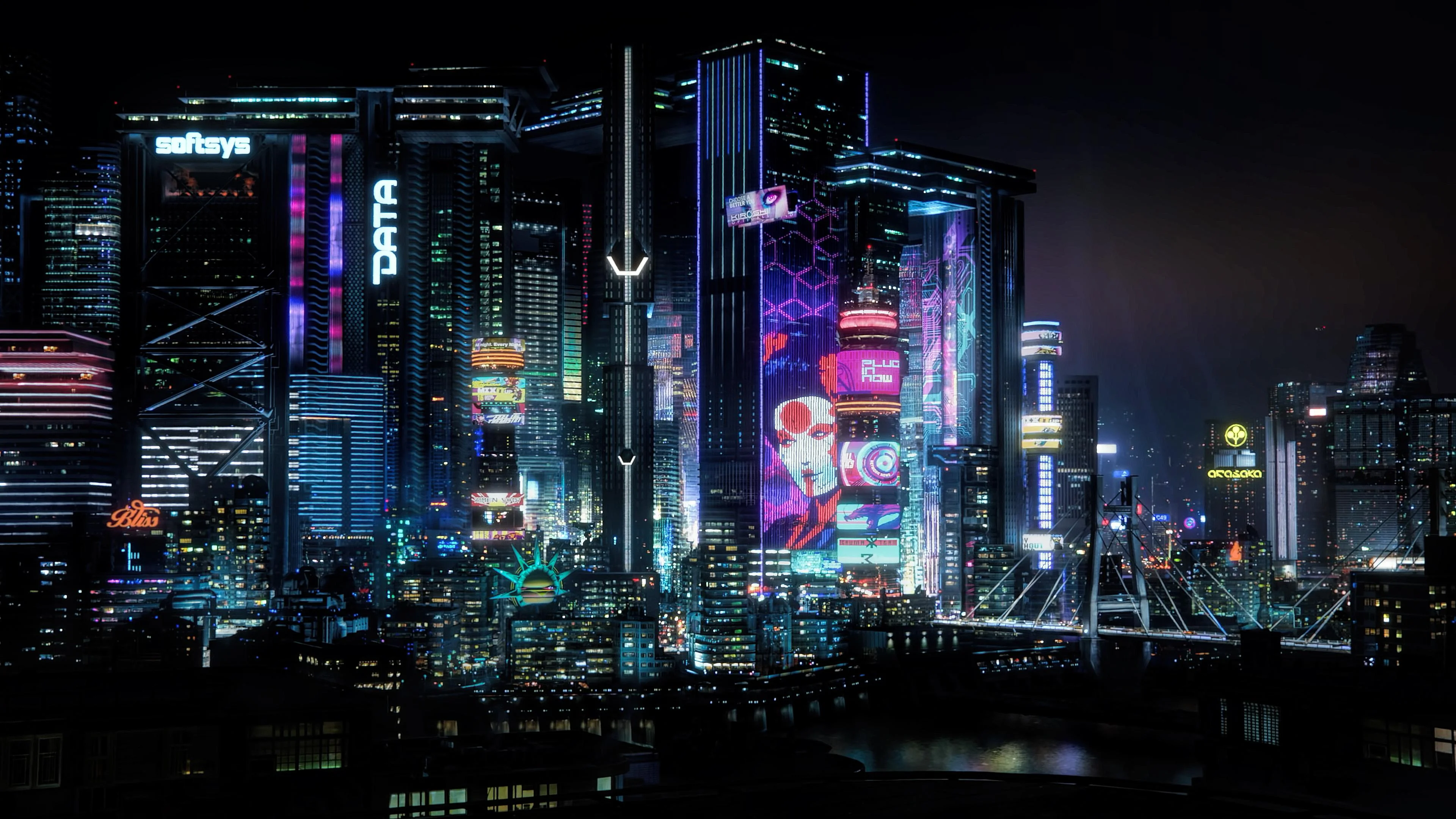 A neon-lit futuristic cyberpunk cityscape at night