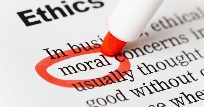 A dictionary page with the word ethics as a heading, with moral circled in red pen
