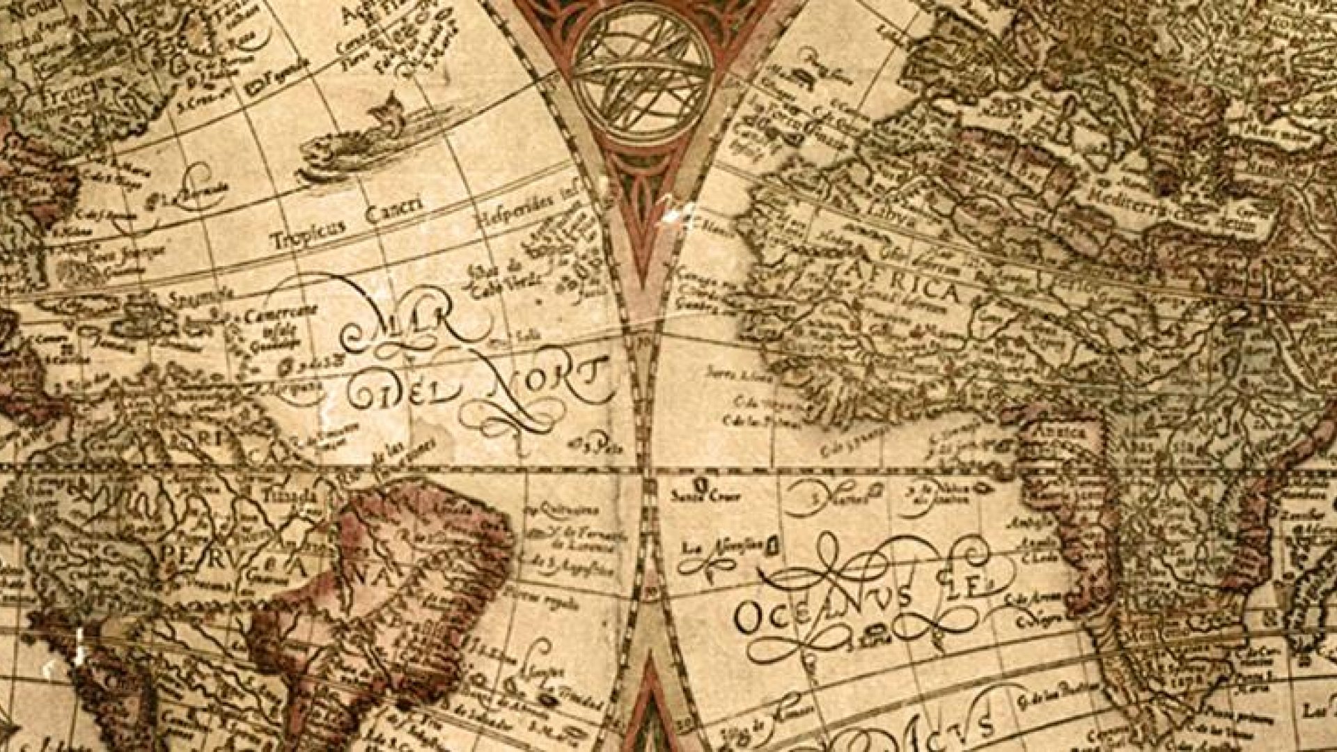 A detail of an antique world map showing trade routes and hand-drawn coastlines