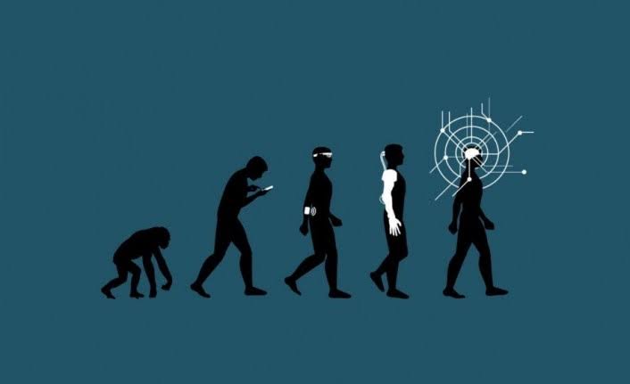 Silhouette progression from ape to human to a figure with digital, networked features, illustrating transhumanist evolution