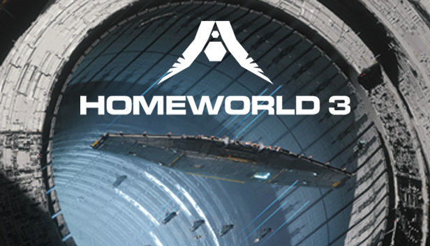 Homeworld 3 key art, showing a mothership emerging from a massive ring structure in space