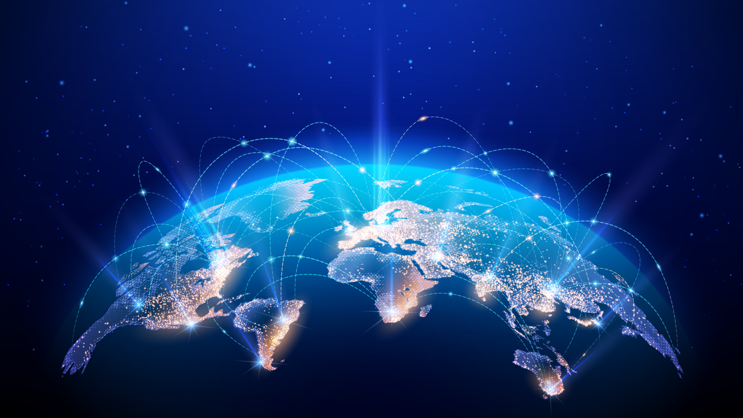 A glowing digital globe showing illuminated continents connected by arcing data lines