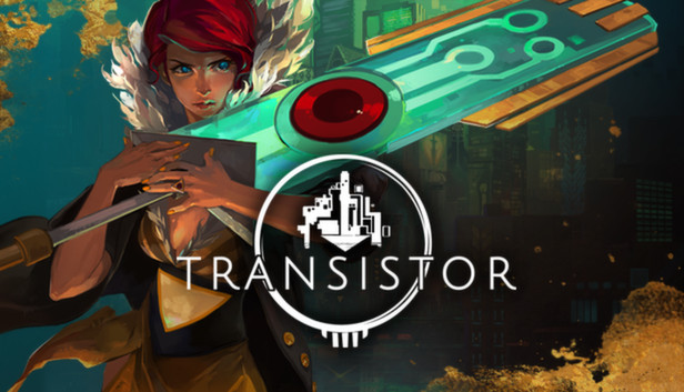 Transistor capsule art, showing Red holding the sword against a Cloudbank backdrop