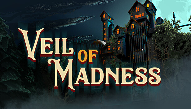 Veil of Madness key art, showing a gothic manor at night surrounded by mist and trees
