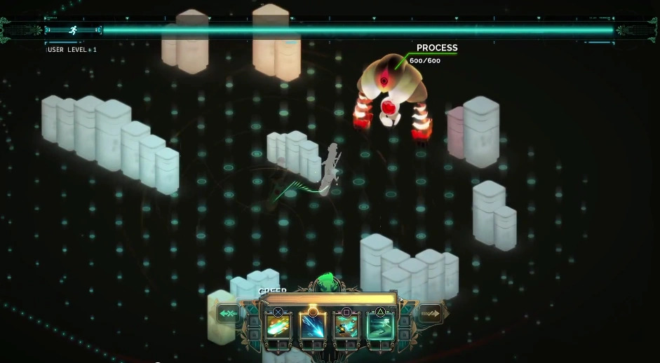 Screenshot with the planned Turn() system active, time frozen and ability slots highlighted