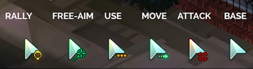 Neon cursor icons for Rally, Free-Aim, Use, Move, Attack, and Base