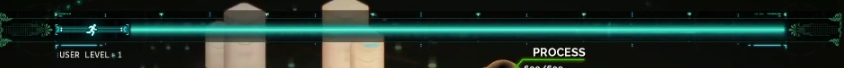 The teal neon health and Turn() bar UI element