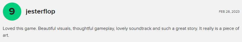 Metacritic user review calling the game a piece of art