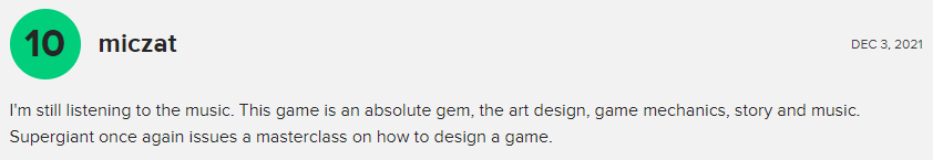 Metacritic user review praising the art design and soundtrack