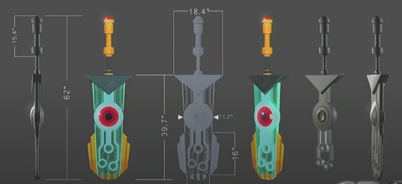 A dimensioned 3D model turnaround sheet of the Transistor sword