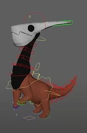 The same enemy model shown with its rig control curves overlaid