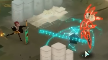 A highlighted enemy encounter with a glowing telegraphed attack line