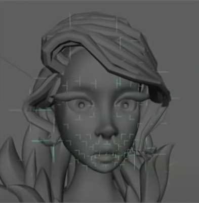 A close-up facial model with joint markers visible across the face