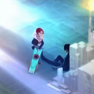 Animated sequence of Red and a character embracing before setting the sword down and walking away