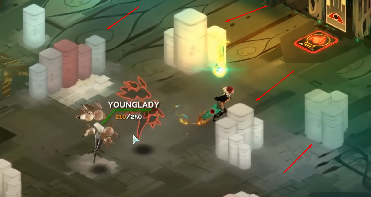 Combat screenshot with red arrows pointing to destructible cover pillars used during Turn() mode
