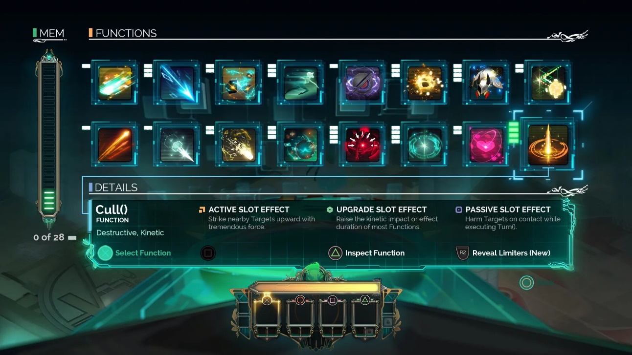 The Access Point screen showing all sixteen Functions, the MEM bar, and active/upgrade/passive slot details
