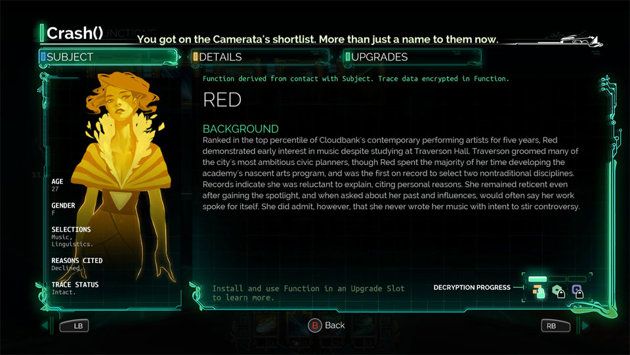 Red's own ability page, revealing her background as one of the sword's traces