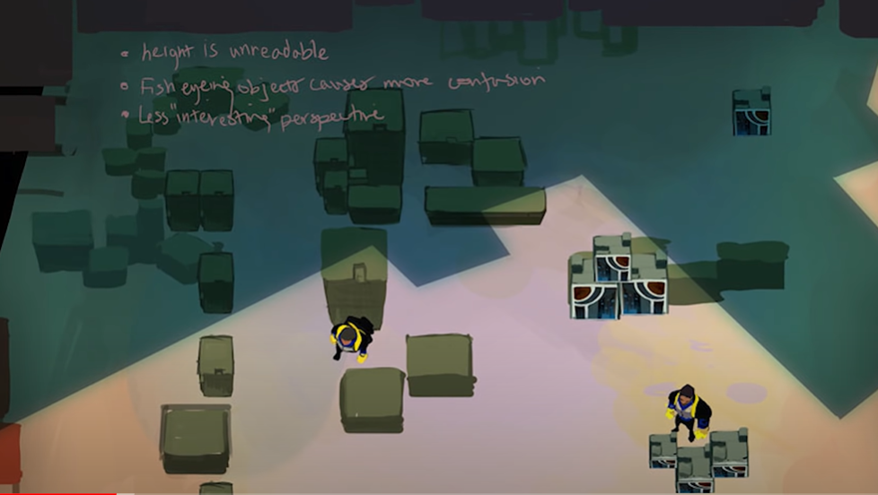 A camera-angle test annotated with handwritten critique: height is unreadable, fisheye objects cause more confusion, less interesting perspective