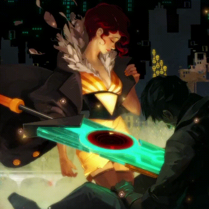 Animated moment of the Transistor sword glowing while it speaks to Red