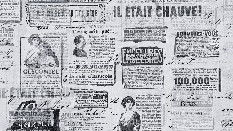 A page from a vintage French newspaper covered in old advertisements