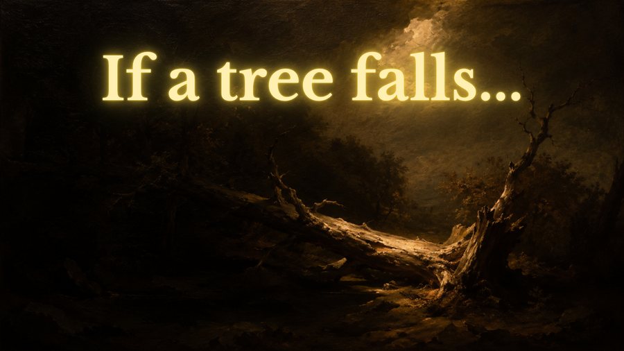 A dark forest painting with the glowing title text If a Tree Falls overlaid