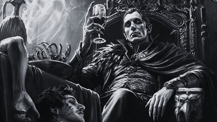 A dark fantasy illustration of a vampiric lord seated on an ornate throne, holding a glass of wine